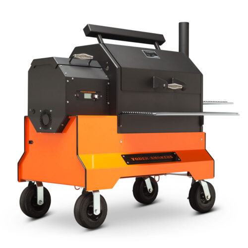 Yoder Smokers YS640S Competition pellet grill with heavy-duty cart, wire shelves, and 8-inch flat-free casters