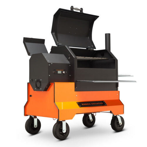 Yoder Smokers YS640S Competition pellet grill with heavy-duty cart, wire shelves, and 8-inch flat-free casters