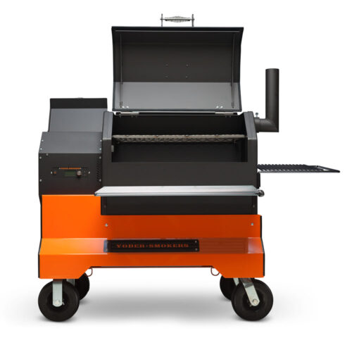 Yoder Smokers YS640S Competition pellet grill with heavy-duty cart, wire shelves, and 8-inch flat-free casters
