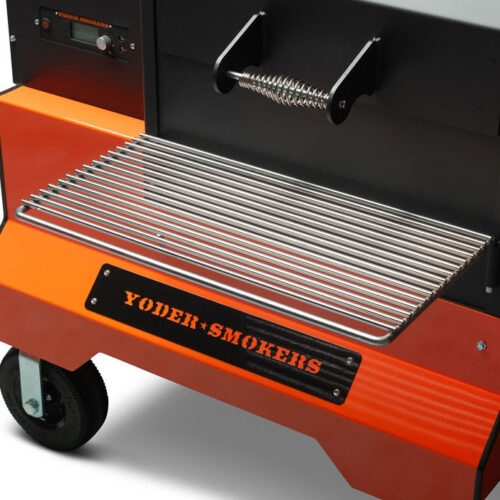 Yoder Smokers YS640S Competition pellet grill with heavy-duty cart, wire shelves, and 8-inch flat-free casters