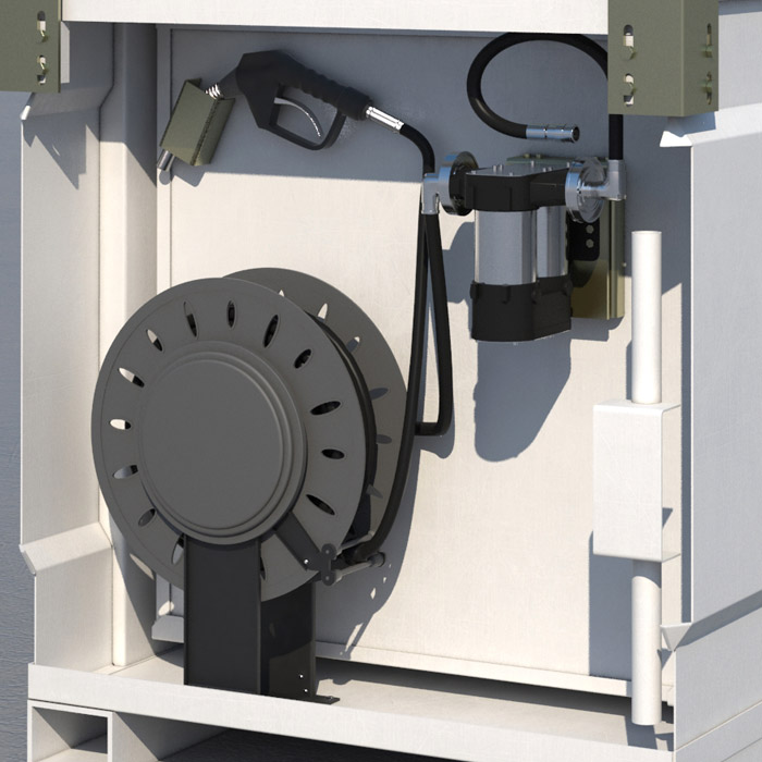 AceCube Versatile Tank featuring rotary hand pump and retractable hose reel installed on universal bracket