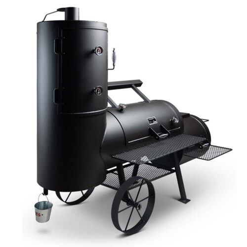 Yoder Smokers Durango 24" offset smoker and grill with horizontal cooking chamber, vertical smoking chamber, and firebox for direct grilling