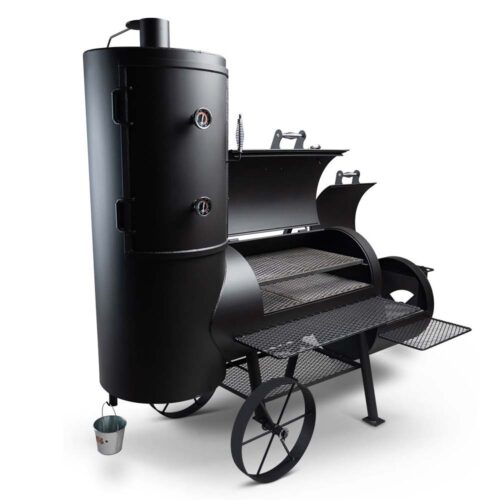 Yoder Smokers Durango 24" offset smoker and grill with horizontal cooking chamber, vertical smoking chamber, and firebox for direct grilling