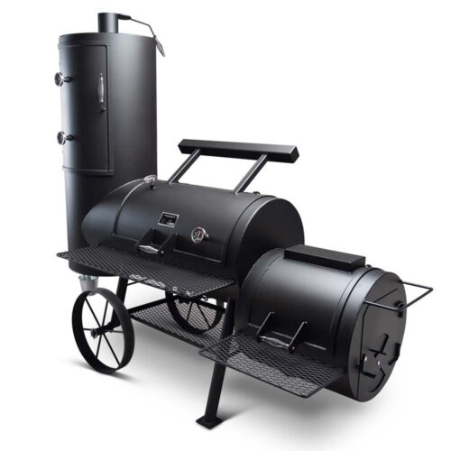 Yoder Smokers Durango 24" offset smoker and grill with horizontal cooking chamber, vertical smoking chamber, and firebox for direct grilling