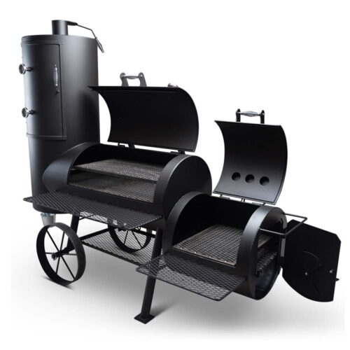 Yoder Smokers Durango 24" offset smoker and grill with horizontal cooking chamber, vertical smoking chamber, and firebox for direct grilling