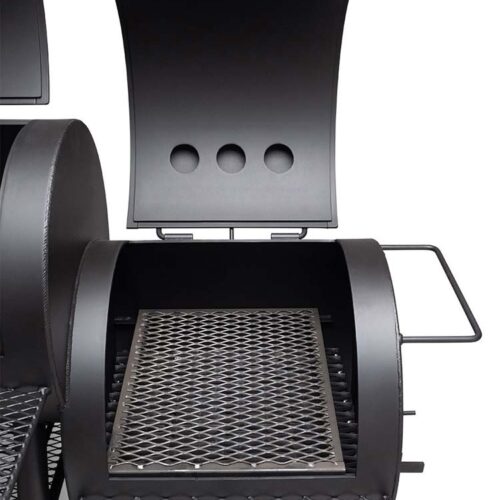 Yoder Smokers Durango 24" offset smoker and grill with horizontal cooking chamber, vertical smoking chamber, and firebox for direct grilling