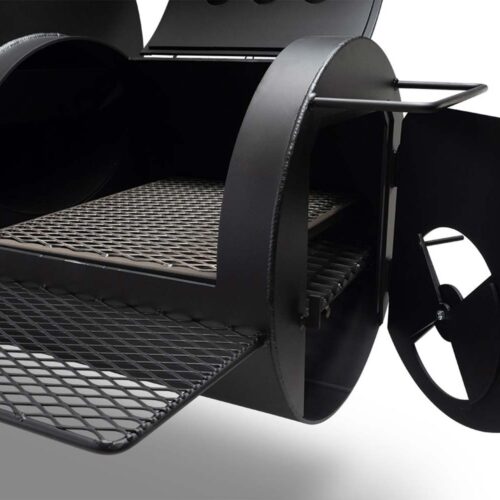 Yoder Smokers Durango 24" offset smoker and grill with horizontal cooking chamber, vertical smoking chamber, and firebox for direct grilling