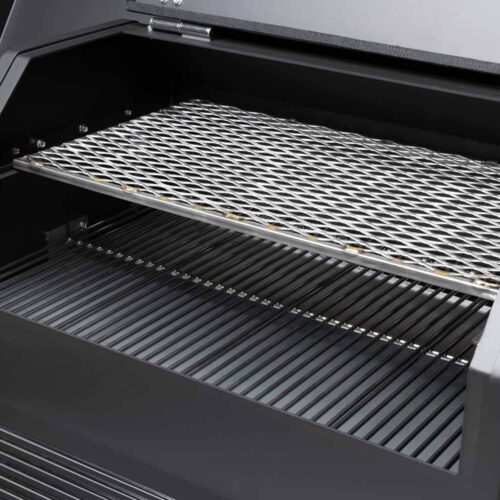 Yoder Smokers YS640S Competition pellet grill with heavy-duty cart, wire shelves, and 8-inch flat-free casters