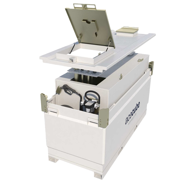AceCube Versatile Tank showing galvanized hatch lids, stacking corners, and component ports plate