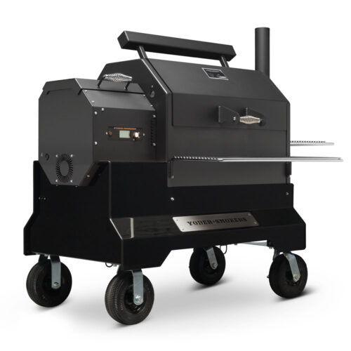 Yoder Smokers YS640S Competition pellet grill with heavy-duty cart, wire shelves, and 8-inch flat-free casters