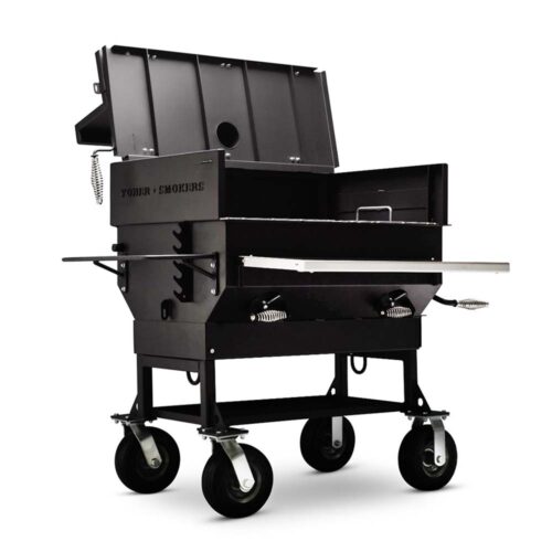 Yoder Smokers 24x36 Flat Top Charcoal Grill with stainless steel front shelf and pneumatic tires