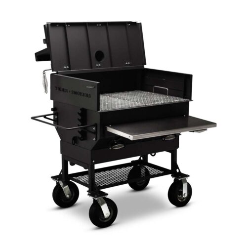 Yoder Smokers 24x36 Flat Top Charcoal Grill with stainless steel front shelf and pneumatic tires