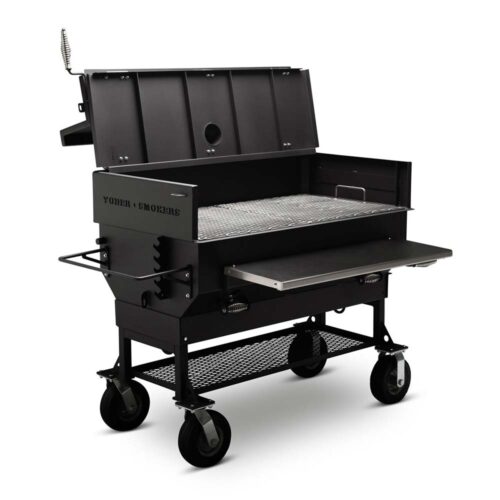Yoder Smokers 24x48 Flat Top Charcoal Grill with stainless steel front shelf and heavy-duty wheels