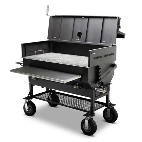 Yoder Smokers 24x48 Flat Top Charcoal Grill with stainless steel front shelf and heavy-duty wheels