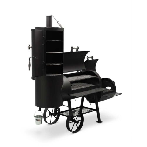 Yoder Smokers Durango 20" offset smoker and grill combo with horizontal cooking chamber, vertical smoking chamber, and firebox