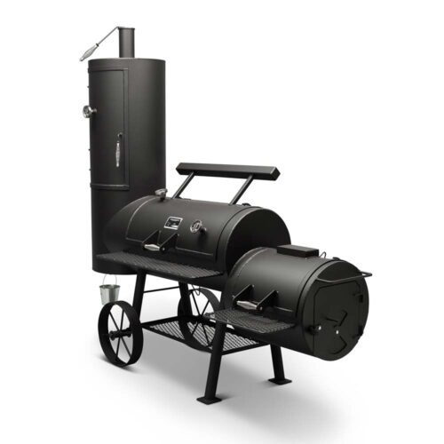 Yoder Smokers Durango 20" offset smoker and grill combo with horizontal cooking chamber, vertical smoking chamber, and firebox