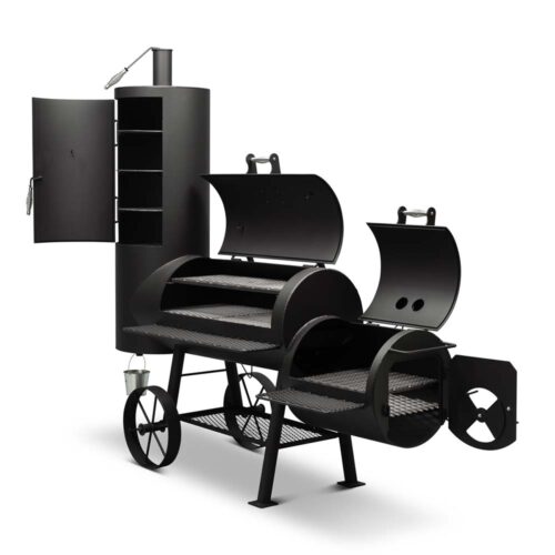 Yoder Smokers Durango 20" offset smoker and grill combo with horizontal cooking chamber, vertical smoking chamber, and firebox