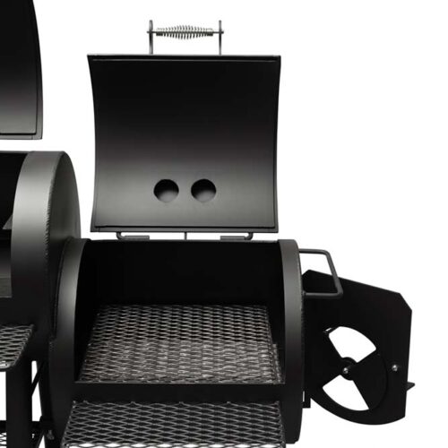 Yoder Smokers Durango 20" offset smoker and grill combo with horizontal cooking chamber, vertical smoking chamber, and firebox