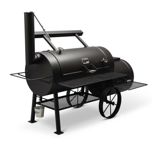 Yoder Smokers Kingman offset smoker with large horizontal cooking chamber, firebox, and dual thermometers