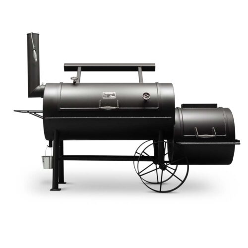 Yoder Smokers Kingman offset smoker with large horizontal cooking chamber, firebox, and dual thermometers