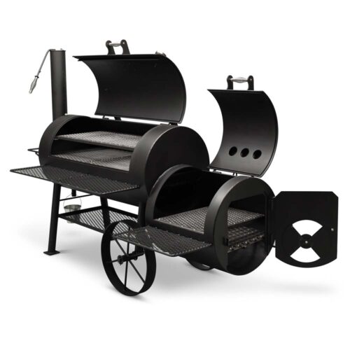 Yoder Smokers Kingman offset smoker with large horizontal cooking chamber, firebox, and dual thermometers