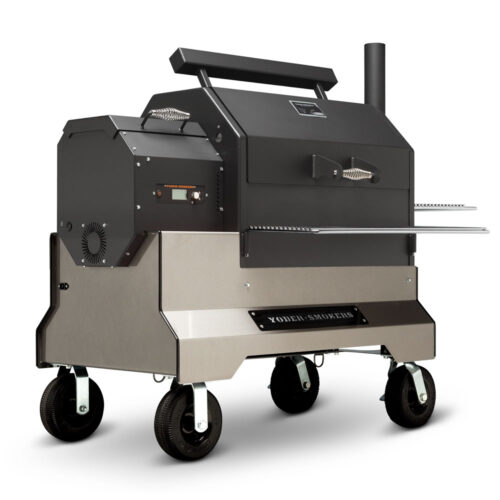 Yoder Smokers YS640S Competition pellet grill with heavy-duty cart, wire shelves, and 8-inch flat-free casters