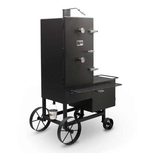 Yoder Smokers Stockton vertical offset smoker with eight racks and compact, high-capacity design for backyard or commercial use