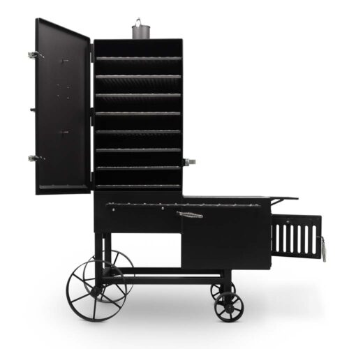 Yoder Smokers Stockton vertical offset smoker with eight racks and compact, high-capacity design for backyard or commercial use
