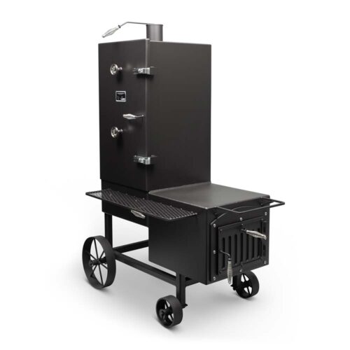 Yoder Smokers Stockton vertical offset smoker with eight racks and compact, high-capacity design for backyard or commercial use